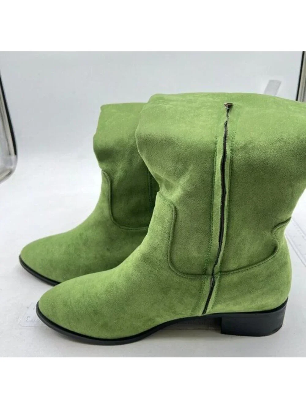 Knee High Boots Women Faux Leather Elastic Boots Low Heel Round Toe Green